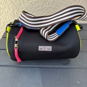 henri bendel Black Duffel Crossbody cooler bag with Neon Yellow & Pink Accents